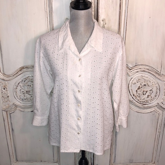 Se Fabrique Au Jason White Eyelet Long Sleeve Button Down Size Medium - Picture 1 of 10